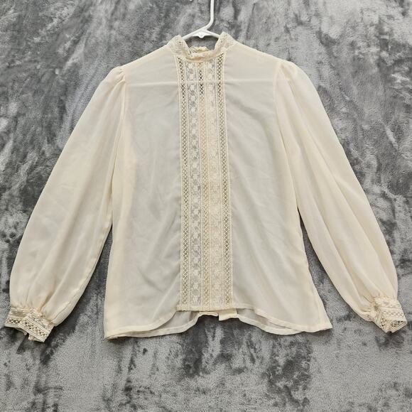 Vintage 80s Lisa Evans Top Women 10 Ivory Chiffon High Neck Lace Overlay Western - Picture 1 of 10
